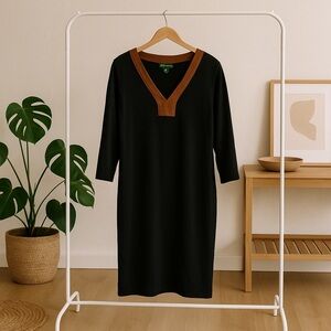 Ralph Lauren Black Sheath Dress with Brown V-Neck Long Sleeves